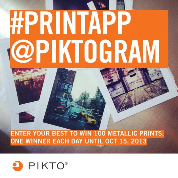 Pikto's tweet image. Tag your Instagram's with #printapp and @piktogram for a chance to win 100 #free 5x5 metallic photo prints! #giveaway