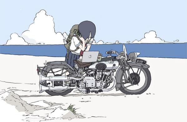 とうや この絵 バイクのディテールから 地面の書き込み 影 雲のフォルム 色合い 絵の空間 女の子 の肩の皺 絵の線と めちゃくちゃ好きで 即壁紙とロック画面に 設定したんだけど 誰の絵かわからないっす わかる人教えて頂けると 嬉しいです