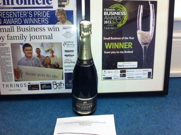 Big thank you to <a href="/ThringsLaw/">Thrings Solicitors</a> for a bottle to congratulate us on our @bathbizawards Small Business of the Year Award!