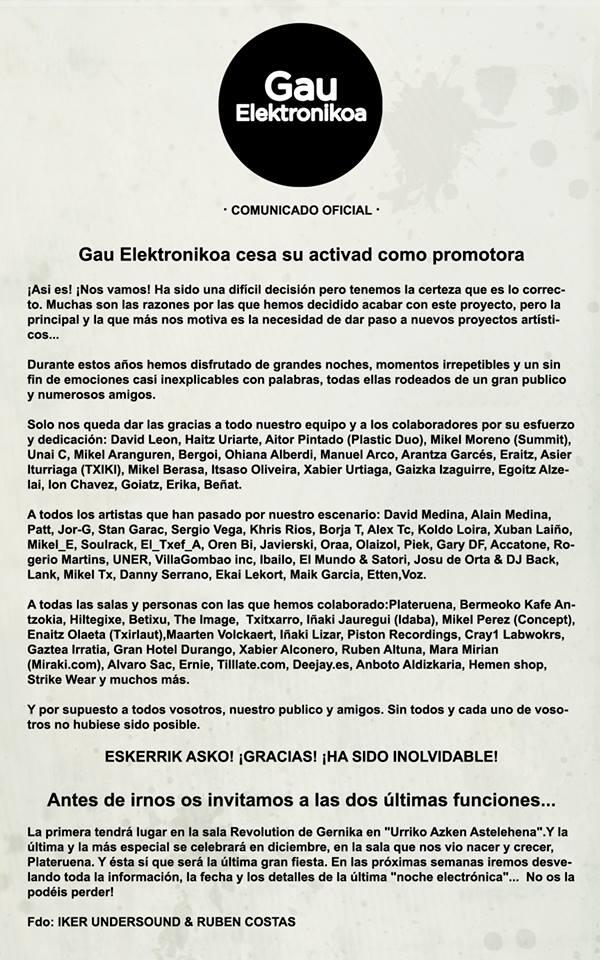 GauElektronikoa's tweet photo. Este año no habrá #GauElektronikoa en fiestas de Durango. Nos vemos en las últimas dos fechas de Gau!!! :) http://t.co/3YTRBYIcA1