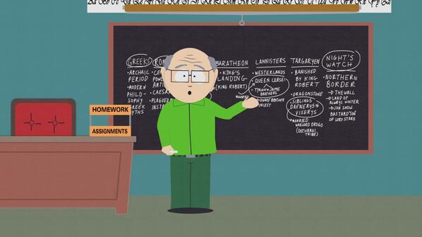 South Park Game Of Thrones Was Also Referenced In Cartman Finds Love Check Out What Garrison Wrote On The Chalkboard Here Http T Co Ax5vac7zqy