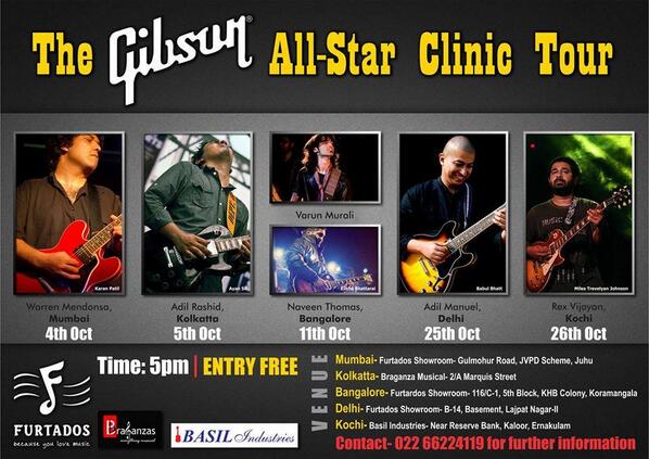 BombilTimes's tweet image. #BombilFriday The @gibsonguitar All-Star Clinic Tour at Furtados, Juhu! 5pm, FREE Entry.