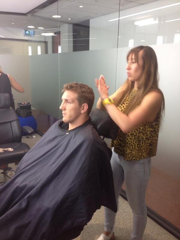 NRLgameplan's tweet photo. Ryan Hoffman getting his makeup done in preparation for @NRLgameplan http://t.co/HubpwkNPUV