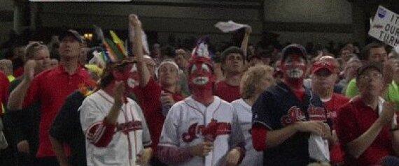 RacistTeamLogos's tweet photo. Pic: Cleveland Indians fans wearing "Red Face" during AL Wild Card game against the Tampa Bay Rays. http://t.co/qCo89Z4KVH