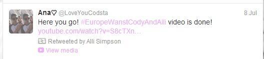 Classy_Grom's tweet photo. @allisimpson saw #EuropeWantsCodyAndAlli video last night and she RTed it! Well done guys! https://t.co/oPgn72WJro http://t.co/lcdw7u6054