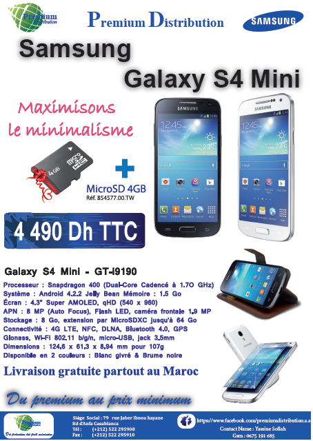 PremiumDistribu's tweet photo. Promo Samsung Galaxy S4 Mini!
Carte SD 4Go offerte! 
Livraison Gratuite partout au Maroc! http://t.co/miymju0qrT