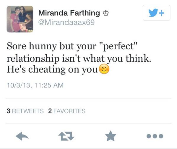 WNYFacts's tweet photo. Miranda Farthing claims another females relationship isn't, “perfect”. But has been cheated on four times herself. http://t.co/rUzVNjjGsx
