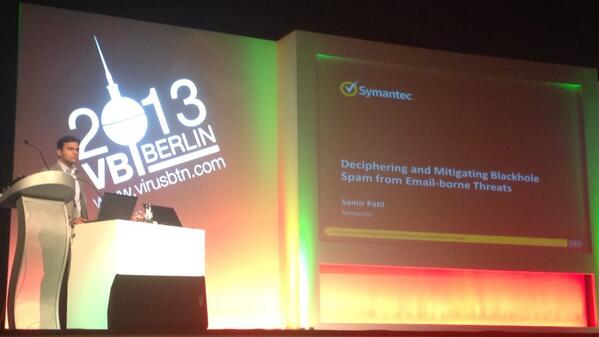 threatintel's tweet photo. blackhole spam dangerous&sophisticated - blocked with IP/URL/JS reputation analyzer - Samir Patil #VB2013 http://t.co/K1TWlLlU47
