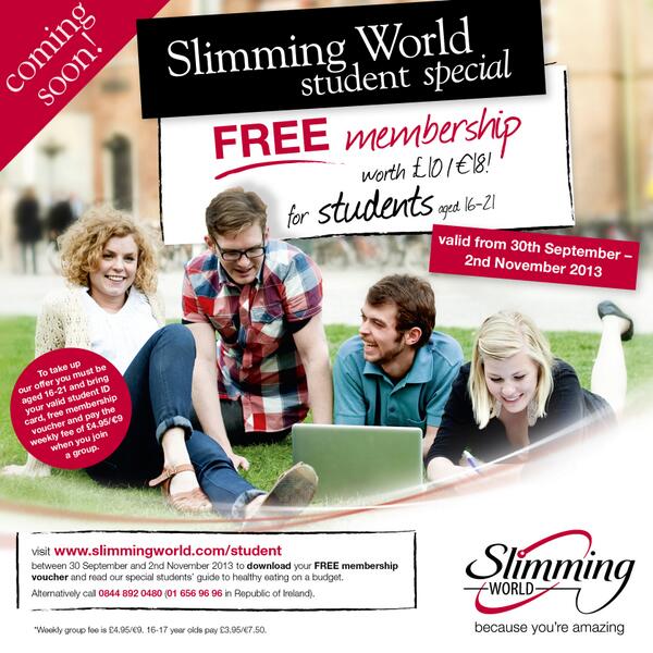 #Students aged 16-21 can save £10/€18 when they join #SlimmingWorld with this voucher. Pls RT #unilife #uni