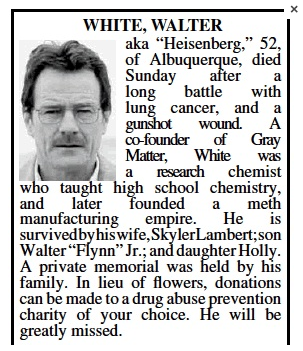 JuddLegum's tweet photo. Obituary for Walter White appears in today's Albuquerque Journal (via @ABQJournal) http://t.co/jtPhJLTY2U