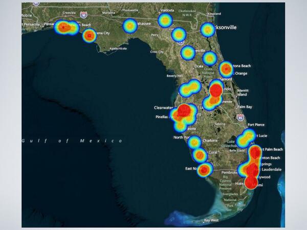 HT_Investigate's tweet image. The NHTRC map of trafficking in Florida concentrated in Tampa, Miami and Orlando. #humantrafficking