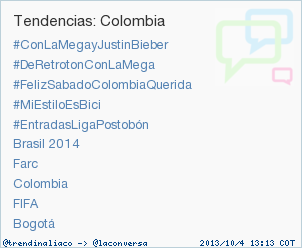 trendinaliaCO's tweet photo. #FelizSabadoColombiaQuerida acaba de convertirse en TT ocupando la 3ª posición en Colombia #trndnl http://t.co/RuNGLK9iMu