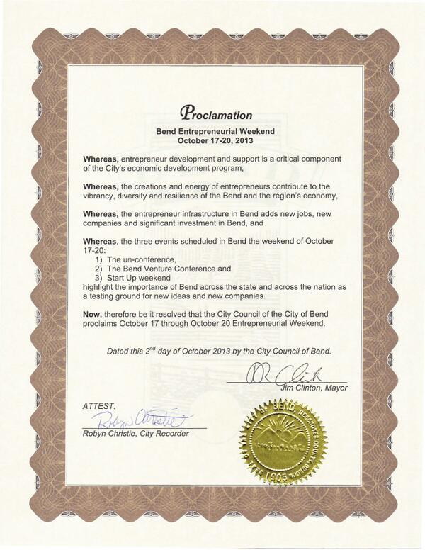Oct. 17-20 <a href="/CityofBend/">City of Bend, Oregon</a> declares state of #entrepreneur #engagement. <a href="/bendsw/">Bend StartupWeekend</a> <a href="/BendVenture/">Bend Venture Conference</a> #Startupweekend... 13 Days.