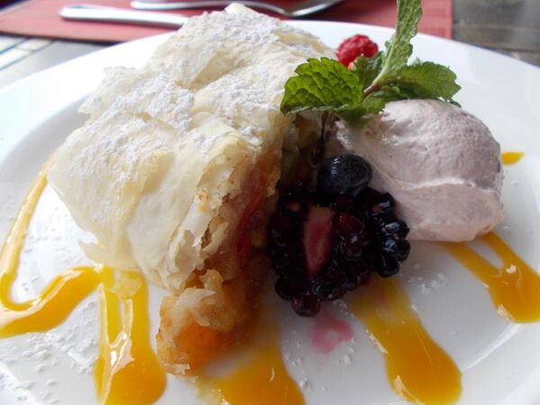 CineBistroATL's tweet photo. Weekend special dessert: Fruit strudel with assorted fruit, raisins &amp; mango coulis served with blood orange sorbet http://t.co/UBk3659ZxW