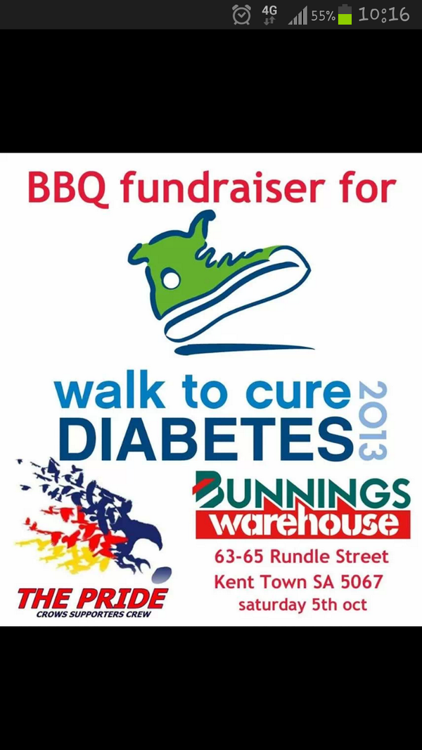 Crowpride1's tweet photo. We're raising money for type 1 diabetes!  Come down to Kent Town Bunnings for a sausage sizzle! http://t.co/9fGewwzcRF