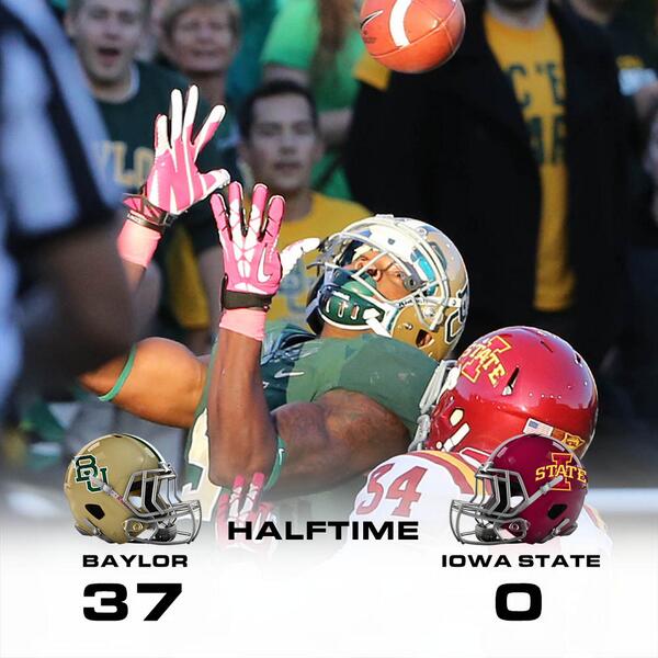 Baylor's tweet photo. Sic 'em!!! RT @BUFootball: At the break, Baylor defense pitching a shutout. 37-0, Bears. #SicISU #BUHC13 http://t.co/2eAhe3TRzn