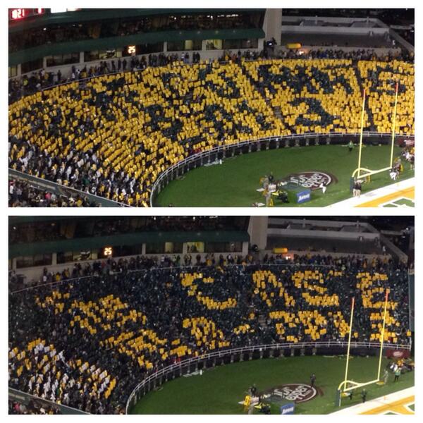 BUFootball's tweet photo. Baylor fans honoring the final Homecoming at Floyd Casey Stadium. #BUHC13 #SicISU http://t.co/HZVO3ZMXxz