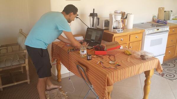 bri_huang's tweet photo. Jim's working hard today in our makeshift Maui @SparkFun office prepping demos for tonight's meeting with @MauiMaker http://t.co/nntPTuBnVC