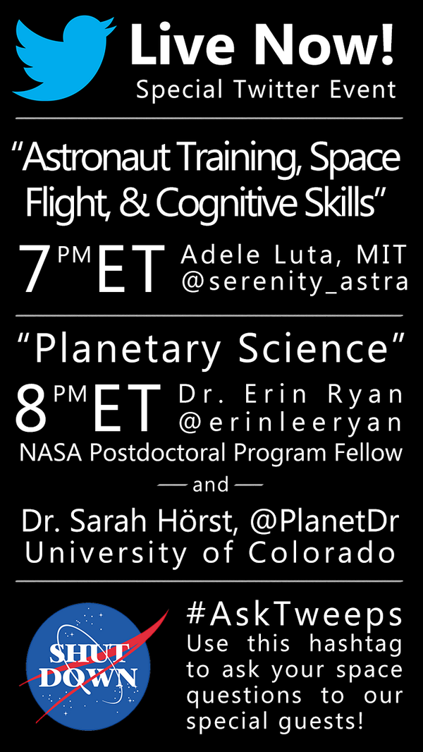 NASAShutdown's tweet photo. Just 30 minutes left to ask @erinleeryan and @PlanetDr your questions! #AskTweeps http://t.co/283R6G8BSN