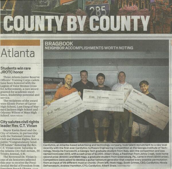 MitchLeffPR's tweet image. AJC reports on @cardlytics #ironcoder competition @georgiatech. Winners got job interviews + cash! @sdg_cardlytics