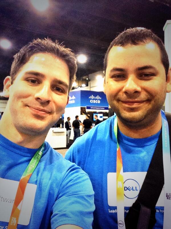 SQLDBApros's tweet image. Morning #sqlselfies w/ @sqlcr &amp;amp; @DellSoftware blue shirts! #sqlpass #summit13