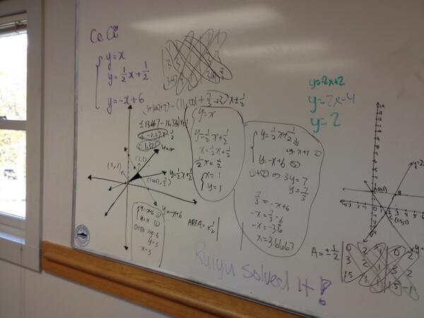 dublingeometry's tweet photo. Cici's system &amp; Rui Yu's solution! She found pts of intersection and the area of the triangle. #math #edchat http://t.co/QinieweuJv