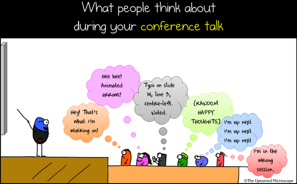 psych101's tweet image. What people think about during your conference talk! Brilliant cartoon by Nik Papageorgiou @upmicblog