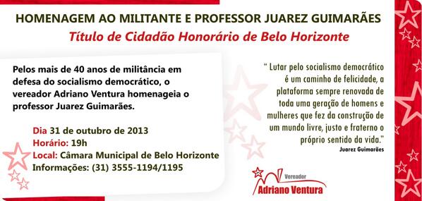 josianefanasci's tweet photo. Homenagem ao prof. Juarez Guimarães.Participe! @leo_koury @camilamudanca @ptneves13 @ptbh @ptdeminas @adrianoventura http://t.co/CqpAkS0HbZ