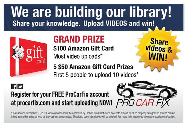 ProCarFix's tweet image. ProCarFix is giving away five $50 Amazon gift cards and one $100 Amazon gift cards! Details: procarfix.com/contest.