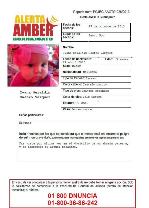 <a href="/ChapoyPati/">Pati Chapoy</a> Difunde por favor #AlertaAmber #Guanajuato Ivana Geraldin Castro Vázquez, de 5 meses . #León