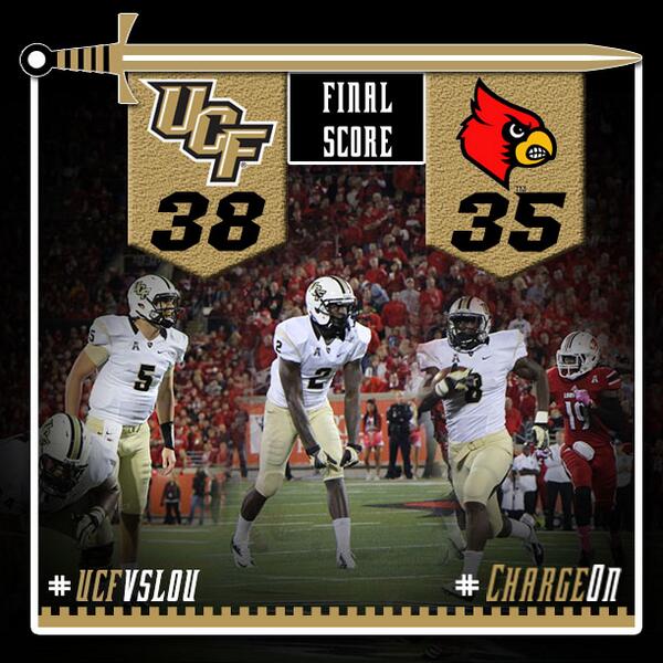 UCFKnights's tweet image. UCF beats #8 Louisville with a score of 38-35. UCF's biggest win in school history!! #UCFvsLOU