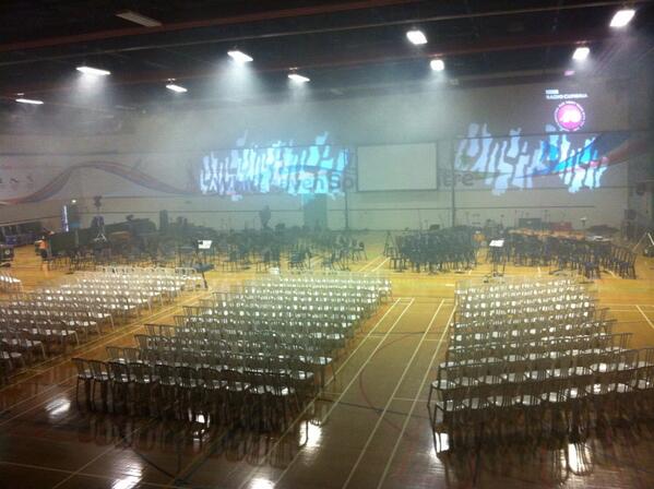 BBC_Cumbria's tweet photo. Whitehaven Sports Centre this morning ahead of our concert. The smoke machine is being tested! #BBCRC40 http://t.co/pFeK6BoooG