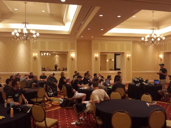 Coach <a href="/cprichmond/">Chris</a> leads a team meeting prior to first match at noon. #USAFLnationals