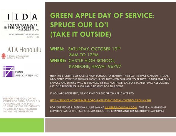 Sat-10/19 need volunteers to beautify Castle HS Lo'i Terrace-Green Apple Day of Service #greenapple #greenapplehi