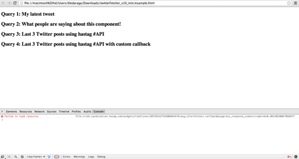 bledaraga's tweet photo. @jason_mayes Twitter Fetcher v10.0 isn't working in localhost: Failed to load resource.. My Id works on online demo! http://t.co/97jqG7U8xR