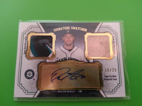 chadleysbreaks's tweet image. 2012 @toppscards  Museum Dual Relic (logo patch/bat) Auto Dustin Ackley Gold 16/25 #mlb # sportscards #logopatch