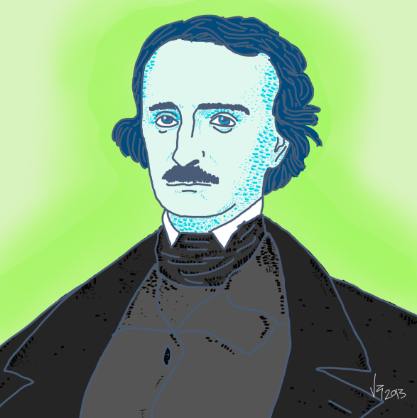 World_Scholar's tweet photo. Hoy se cumplen 164 años desde la muerte de Edgar Allan Poe. Dejo esta ilustración de Val Riquelme para conmemorarlo. http://t.co/EctWm13fu4