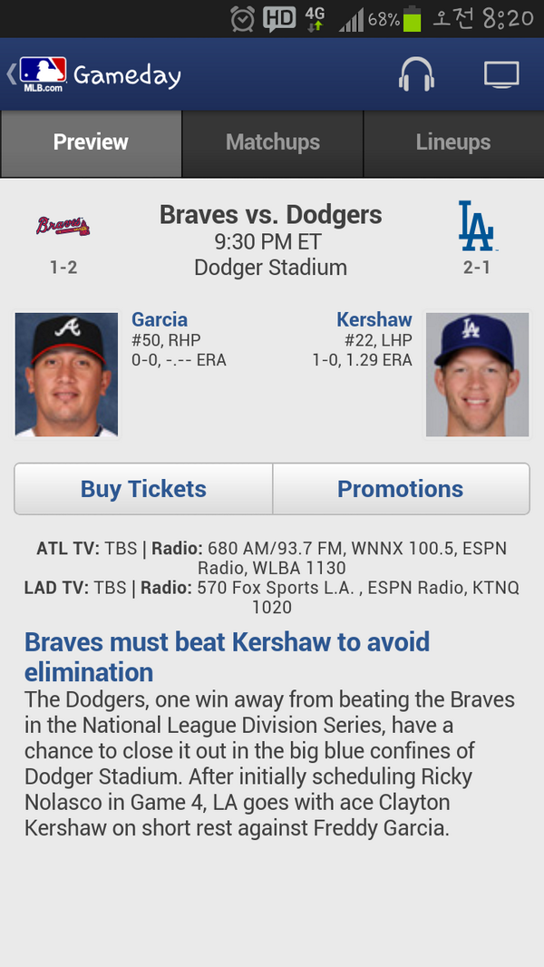 newtops00's tweet photo. 헐 4차전 커쇼 등판. Go Dodgers~!! http://t.co/6CiR9YT88i