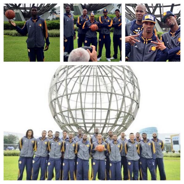 Pacers's tweet image. The guys stopped the bus outside the arena in Manila, Philippines, to take a team photo. #NBAGlobalGames