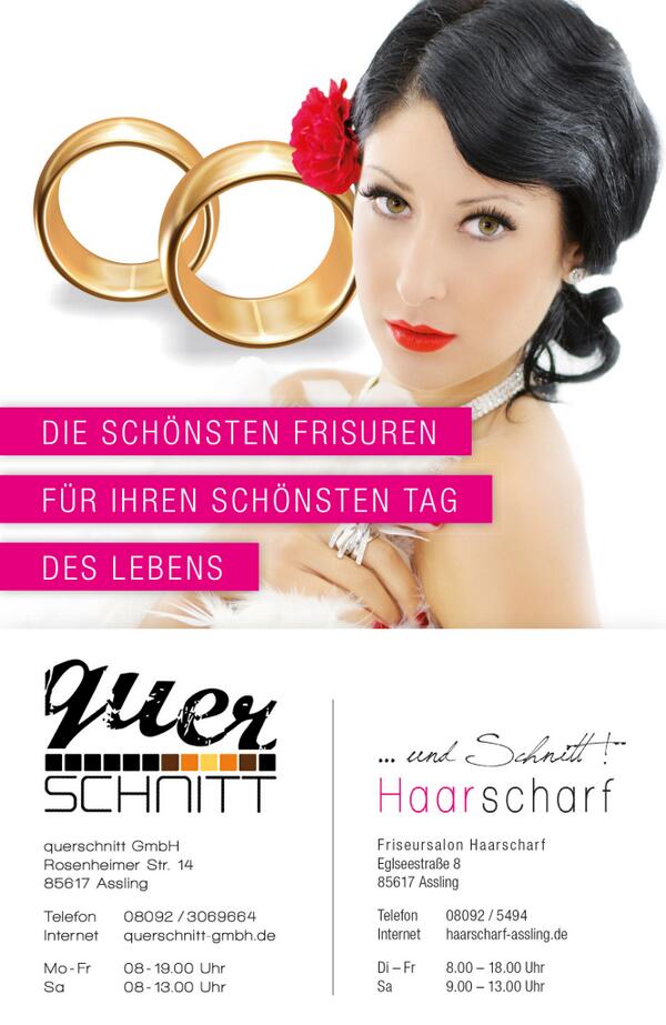 Firmen für Eure Hochzeit, im Hochzeits-Gutscheinbuch RO/CH
Gutschein-Wert: 45 € - Friseursalon Querschnitt in Assling