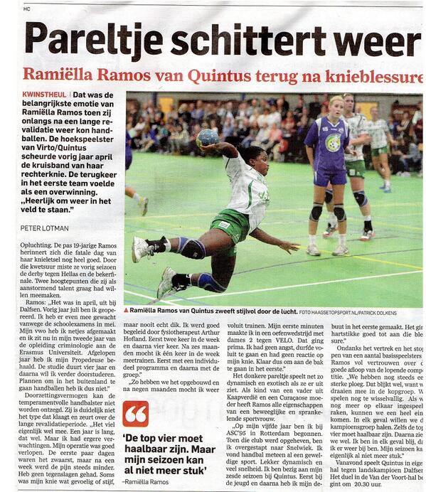 QuintusFreak's tweet photo. Pareltje schittert weer: Ramiëlla Ramos van Quintus  terug na knieblessure.
http://t.co/X2KjfgiyeC #handbal http://t.co/FZSr7TkRwI