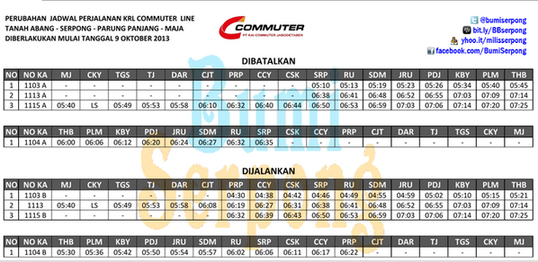 BumiSerpong's tweet photo. Perubahan Jadwal dan Perpanjangan Rute KRL Commuter Line Serpong (per 9 Okt 2013) : http://t.co/GQY39oVf40