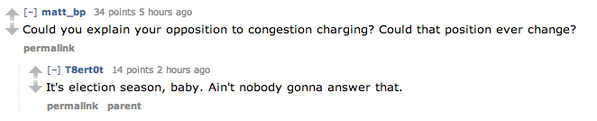 StreetsblogNYC's tweet photo. Top ask of @deBlasioNYC on Reddit right now? Explain your opposition to congestion pricing: http://t.co/wf8p76uG4F http://t.co/rXaZXH8cIk
