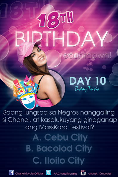 CHANELians's tweet photo. Saang lungsod sa Negros nanggaling si @AAChanelMorales, at kasalukuyang ginaganap ang MassKara Festival? #CHANELians http://t.co/0aRlMxLUpN
