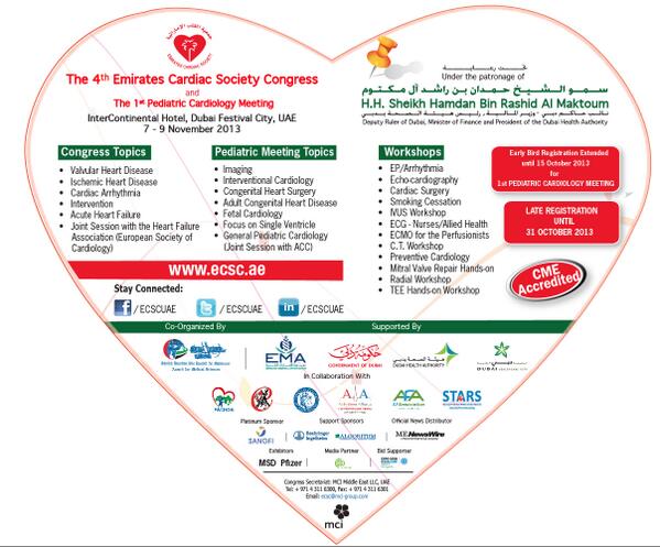 ECSCUAE's tweet photo. 1st Pediatric Cardiology Meeting - Early Bird Registration Extended until 15th October 2013! #ECSCUAE #ECSC4 http://t.co/dVGme7wvfN