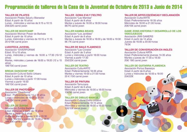 Barbate_Turismo's tweet photo. Y también os dejamos la progración de los Talleres @JuventudBarbate http://t.co/bJ0ZcgqzL5