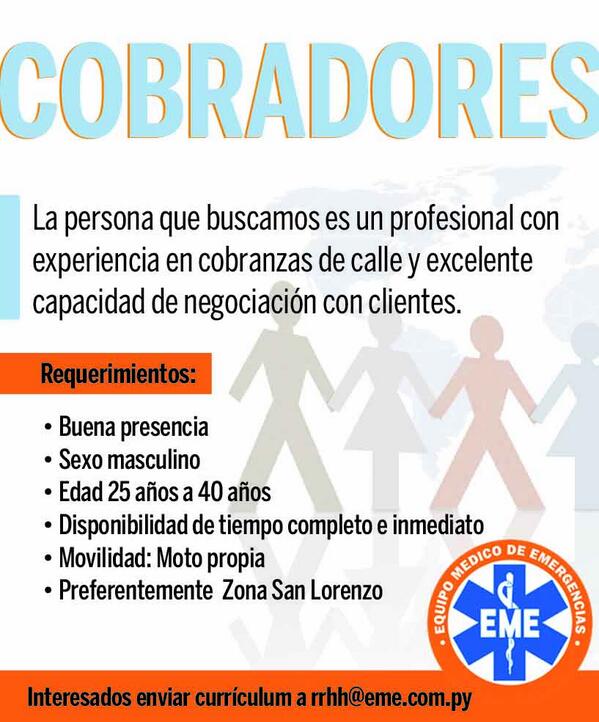 EmpleosParaguay's tweet photo. Importante empresa busca COBRADORES, experiencia en cobranzas y capacidad de negociación. 

#Empleos #Mbaapo http://t.co/a8TZCyWOLF