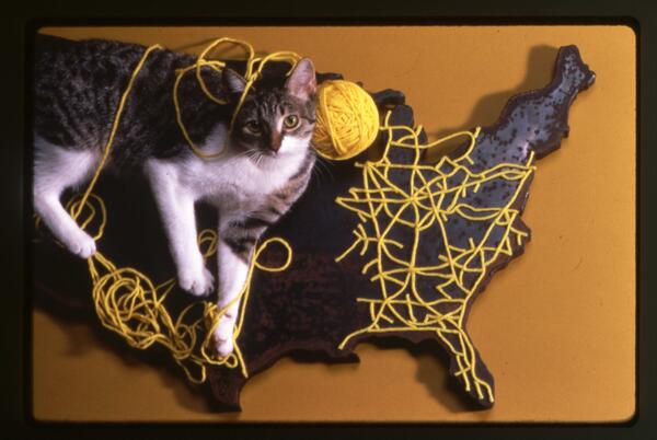 nat_railroad's tweet photo. Chessie System ad from 1980s combines the kitten motif from the C&amp;O with a yarn map of the system as it then stood. http://t.co/6e12PNhC9p
