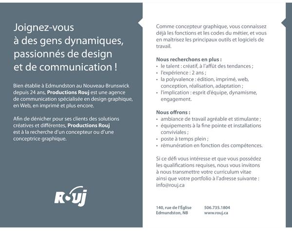 ProductionsRouj's tweet photo. À la recherche d'un ou d'une #graphiste à #Edmundston http://t.co/RyGsQyPJaP