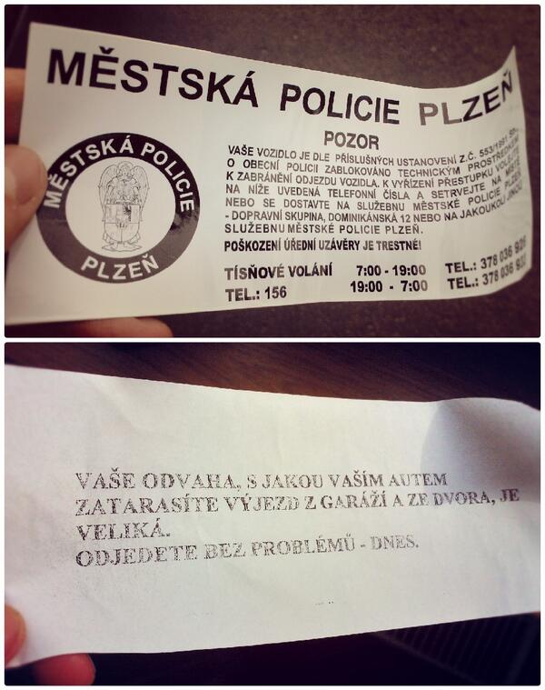 JanVacha's tweet photo. Nejdřív zažiju v Plzni policejní brutalitu a pak zas najdu na okně vzkaz od garážové mafie. Kde mám asi tak parkovat? http://t.co/ABHfdLtWrQ